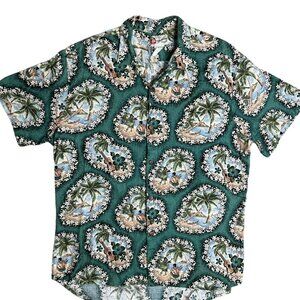 Hilo Hattie Shirt Mens 2XL Vintage Hawaiian Made USA Green Rare Hula Girl Button
